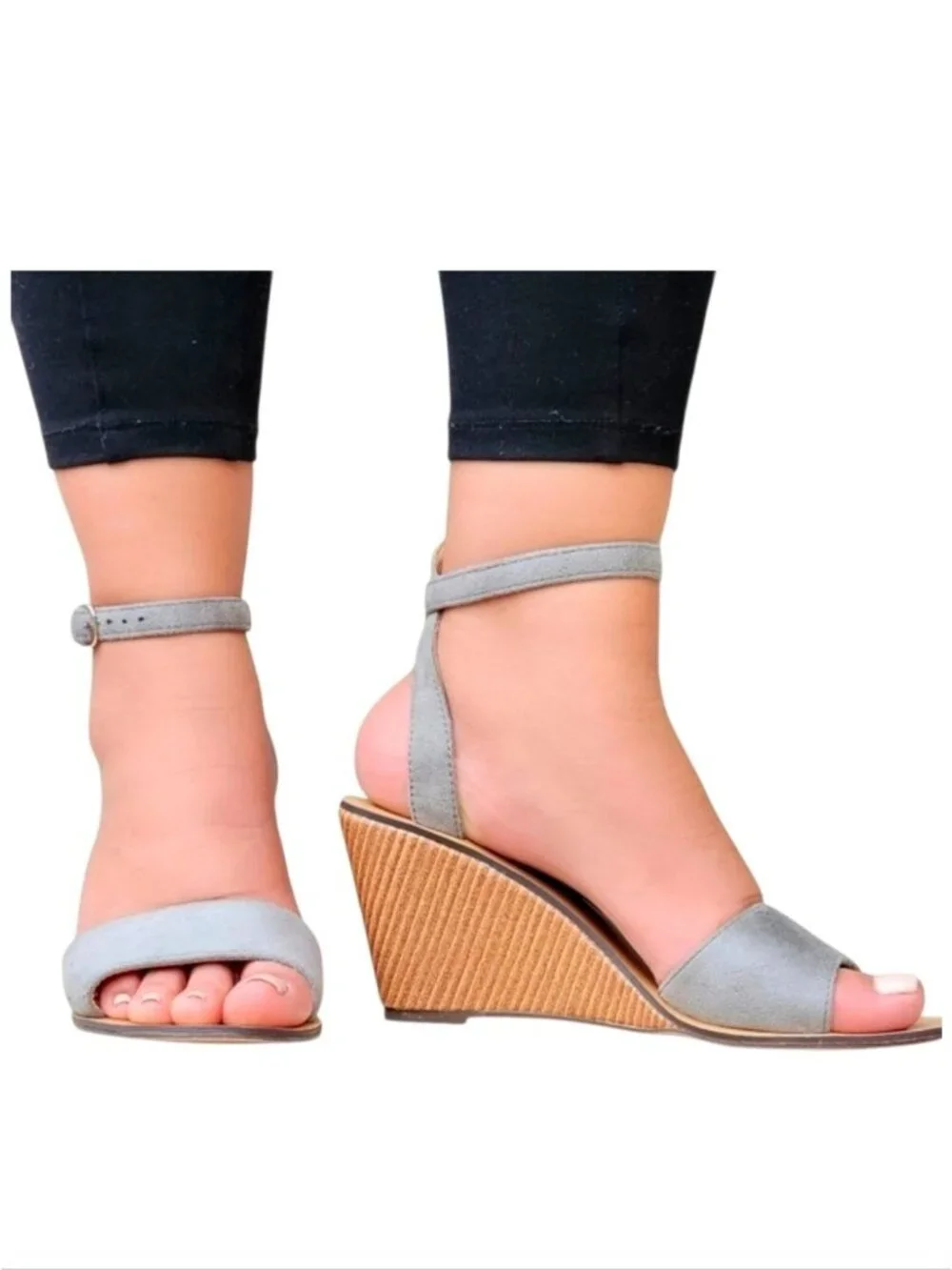 Womens Grey Wedge Sandals With Ankle Strap & Open Toe Design